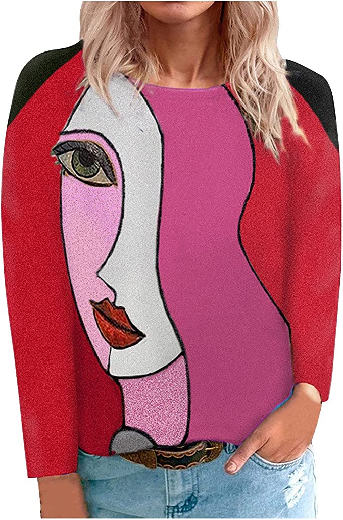 LEXUPA Autumn and Winter Women's Fashion Loose Round Neck Face Print Long Sleeve Pullover Tops