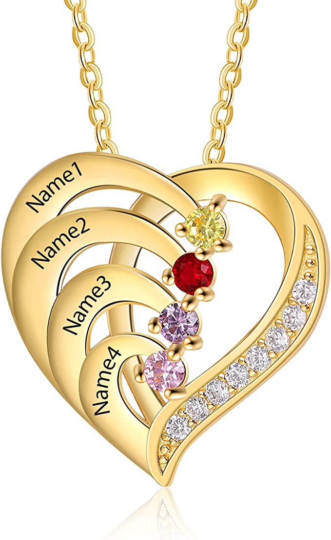 Customized Name Heart Necklace Engraved Names for Mom Wife in 10K/14K/18K Solid Gold